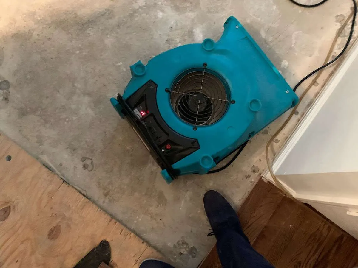Air mover drying subfloor during Leak Detection & Repair in New Castle